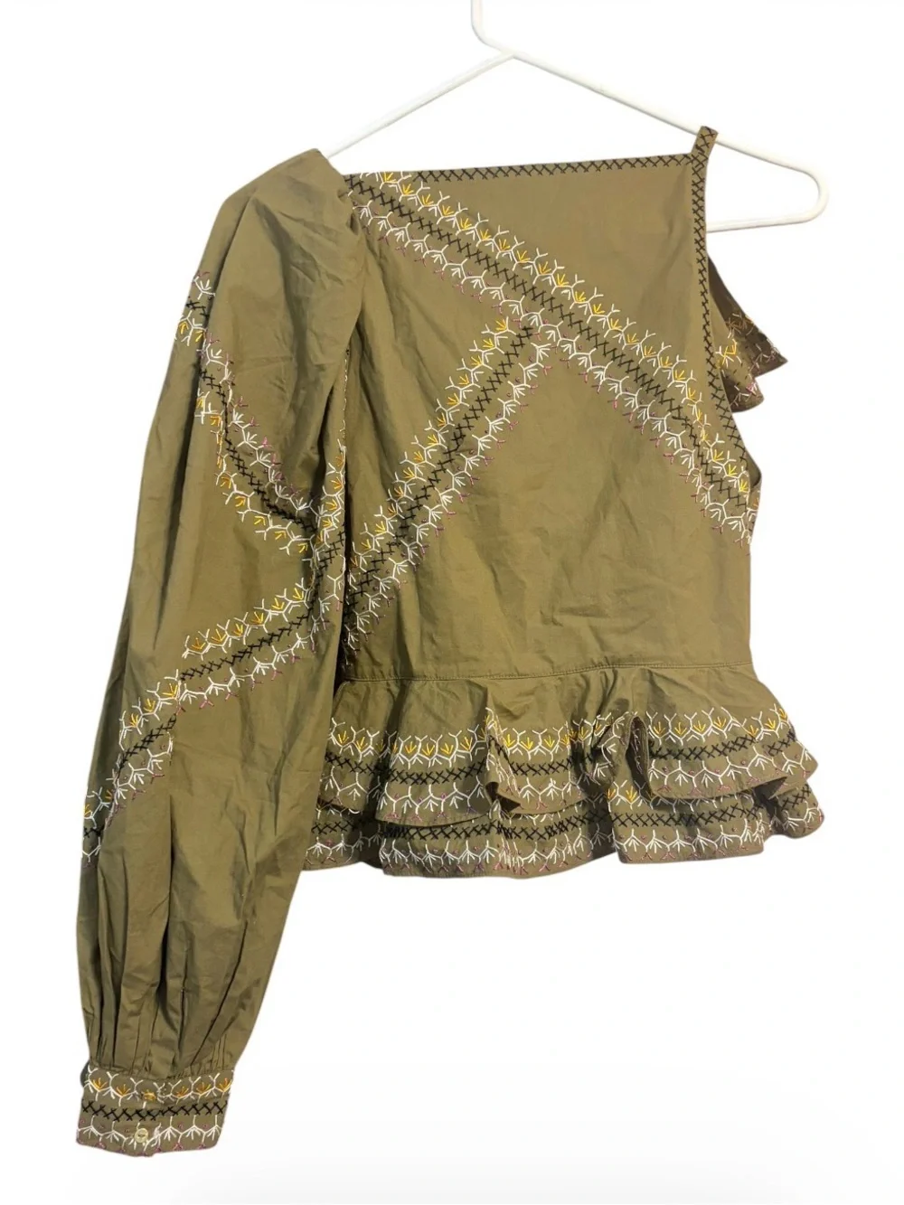 Ulla Johnson Arjun Olive Embroidered One Shoulder Ruffle Cotton Top